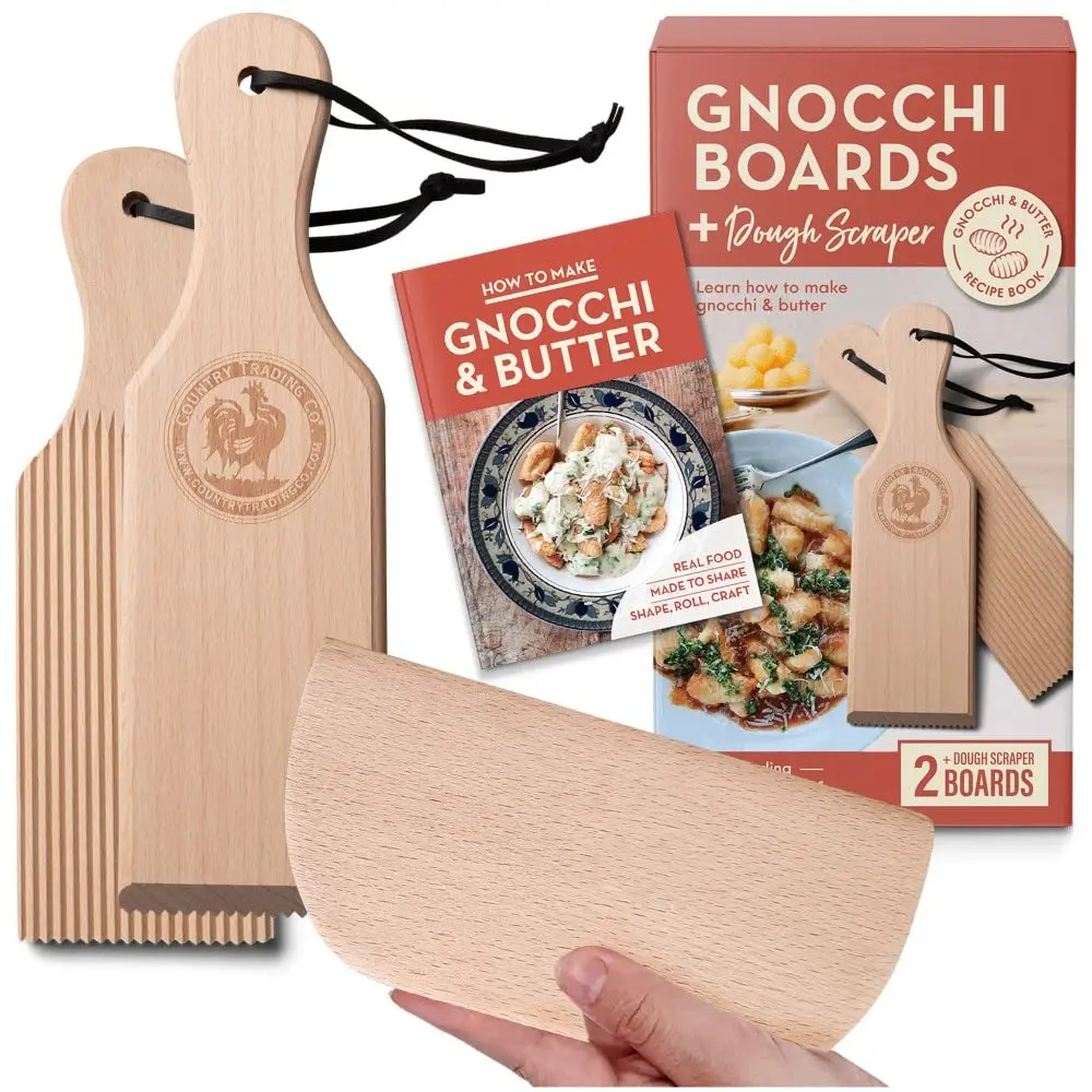 Country Trading Co. Gnocchi Board and Butter Paddles Kit | Wooden Pasta Tools Set for Italian Cooking - main product image