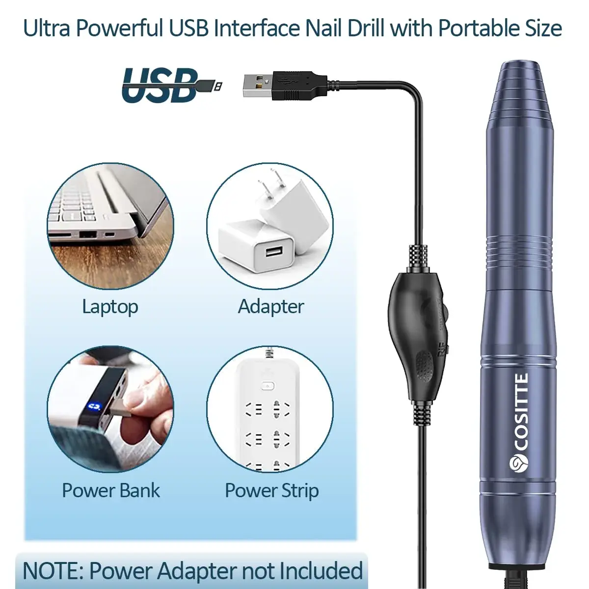 COSITTE USB Nail Drill Machine for Acrylic Nails with 56-Piece Kit | 20,000 RPM Portable Efile for Home & Salon Use - view 2