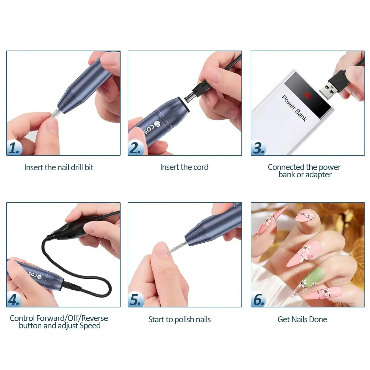 COSITTE USB Nail Drill Machine for Acrylic Nails with 56-Piece Kit | 20,000 RPM Portable Efile for Home & Salon Use - view 4