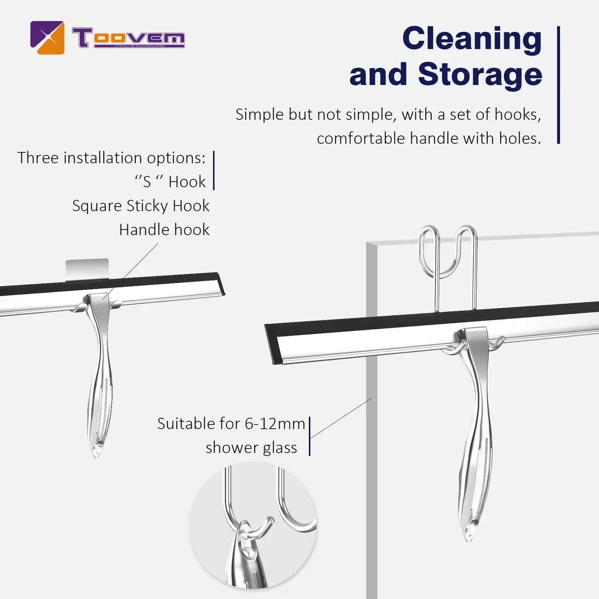 TOOVEM Shower Squeegee 14 Inch Silver | Glass & Bathroom Cleaning Tool - view 2