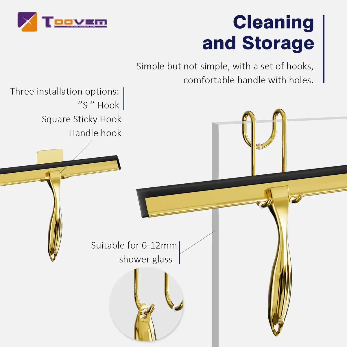 TOOVEM 12 Inch Shower Squeegee for Glass Doors, Window, Bathroom (Gold) | Water & Soap Residue Removal - view 2