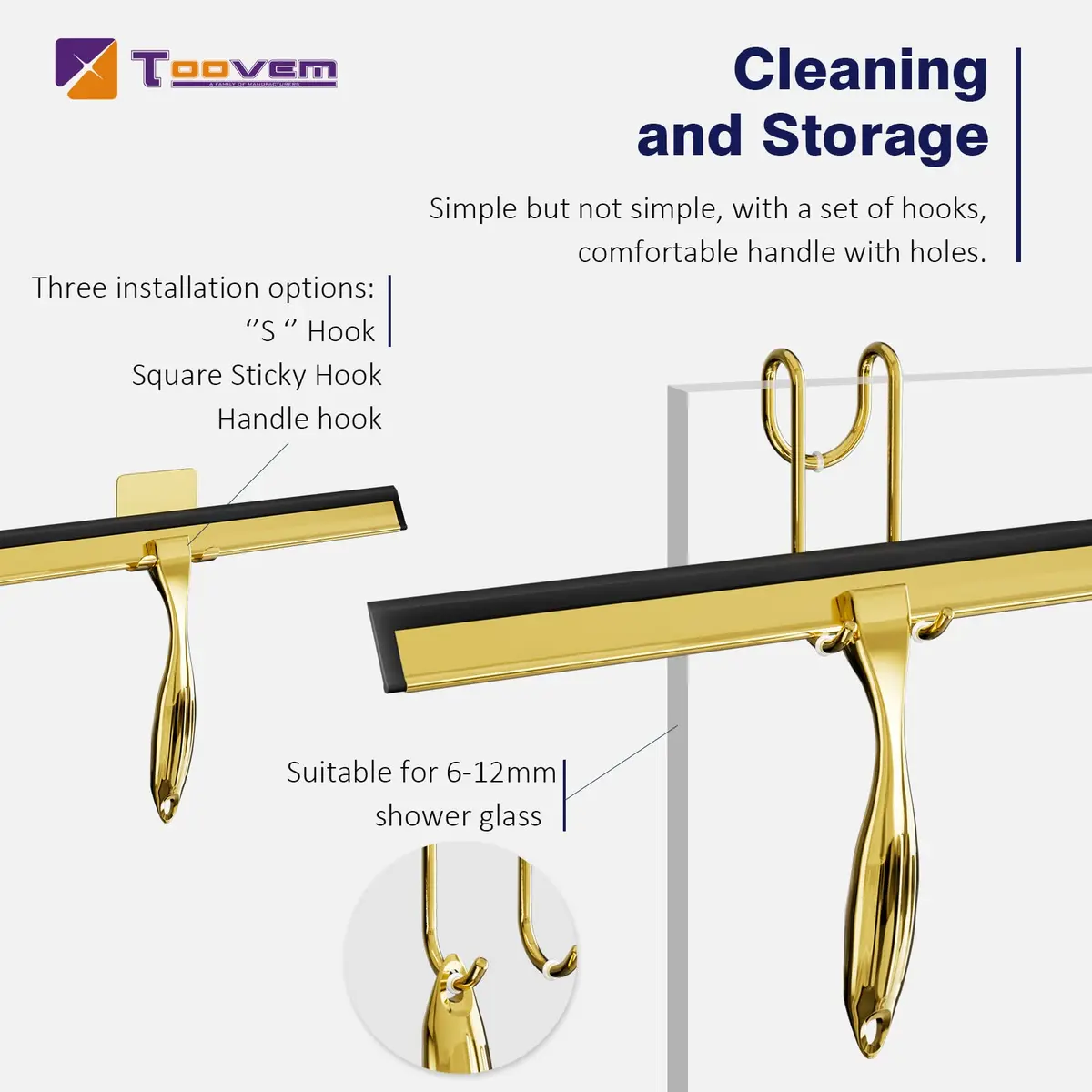 TOOVEM 14 Inch Shower Squeegee for Glass Doors, Window, Bathroom (Gold) | Stainless Steel & Silicone - view 2