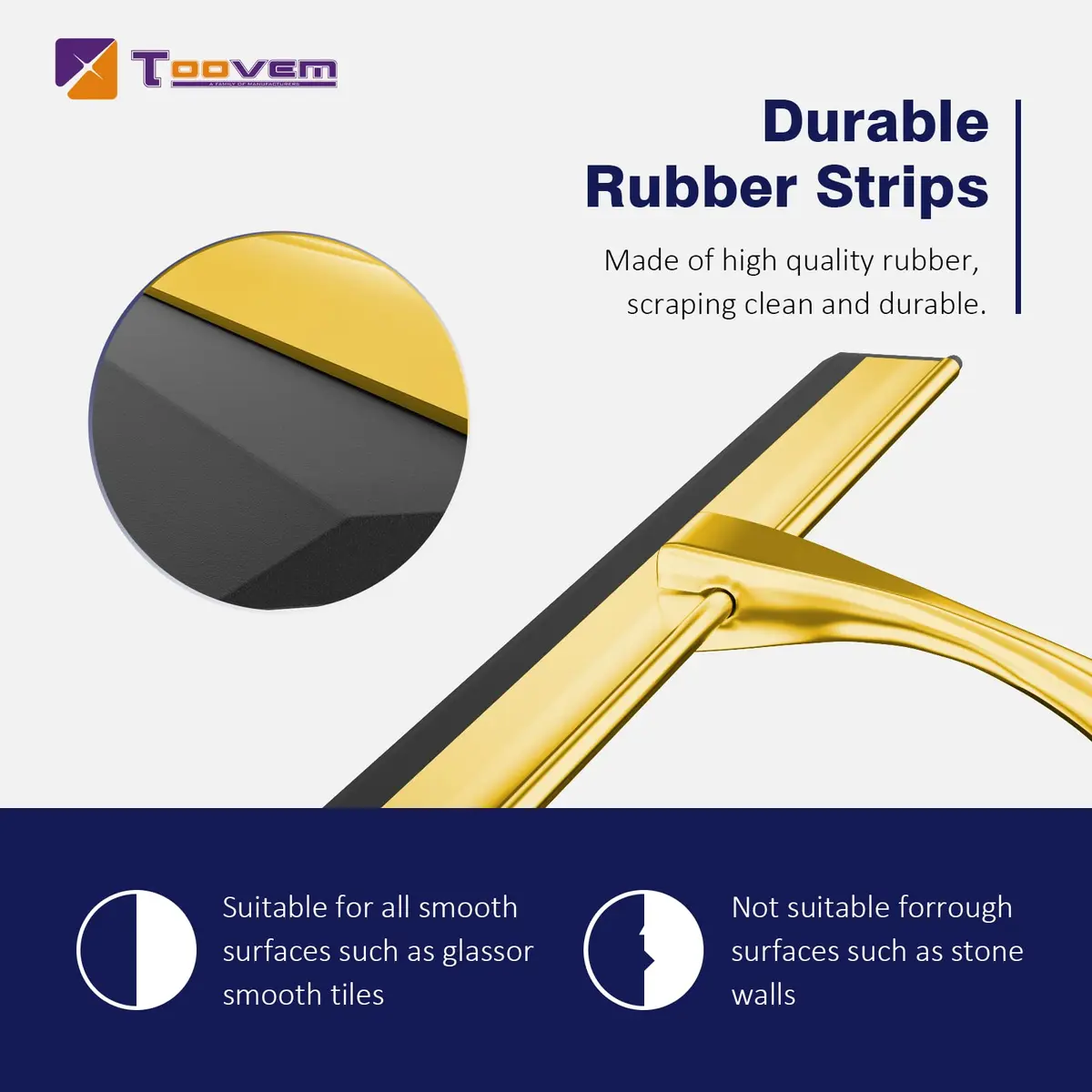 TOOVEM 14 Inch Shower Squeegee for Glass Doors, Window, Bathroom (Gold) | Stainless Steel & Silicone - view 3