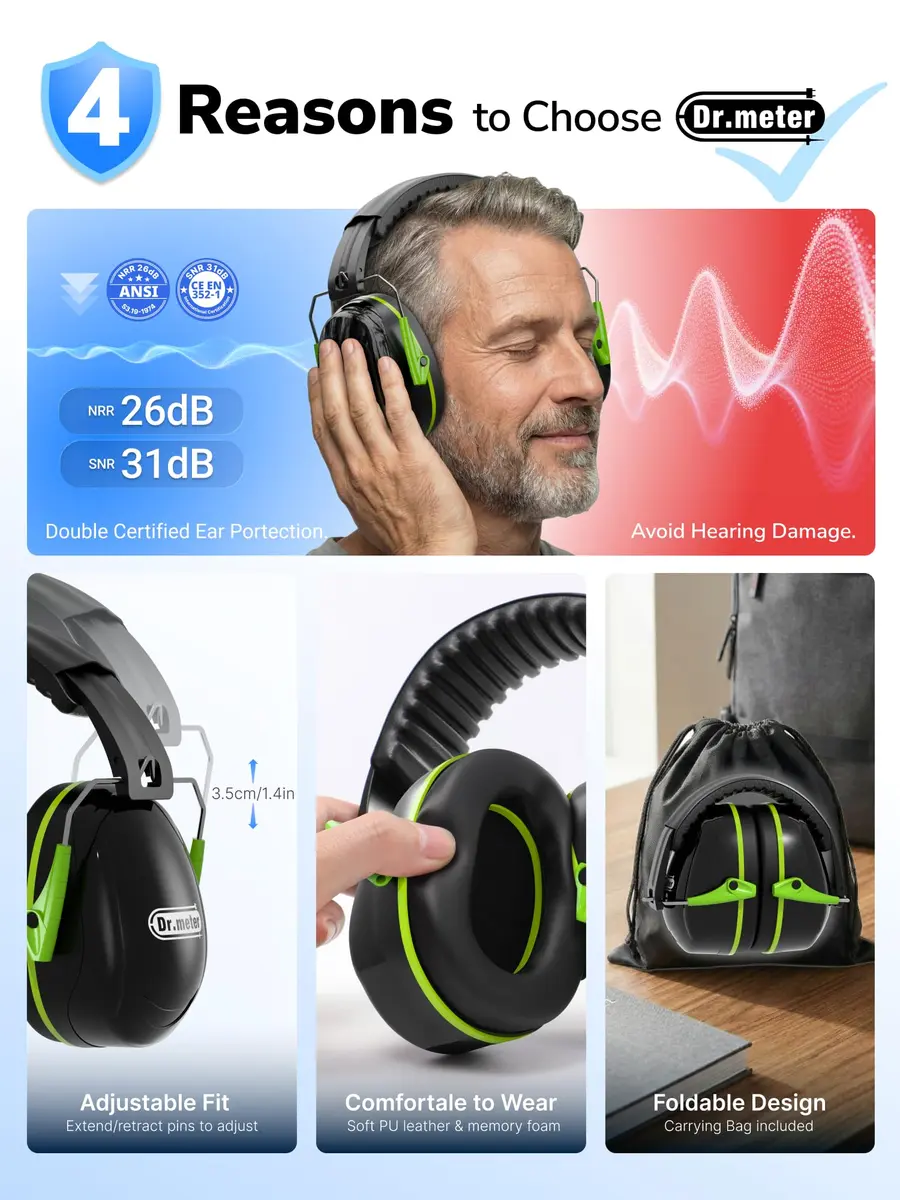 Dr.meter Hearing Protection Earmuffs 31dB SNR Noise Reduction with Adjustable Headband | Foldable & Portable for Adults & Kids - view 7