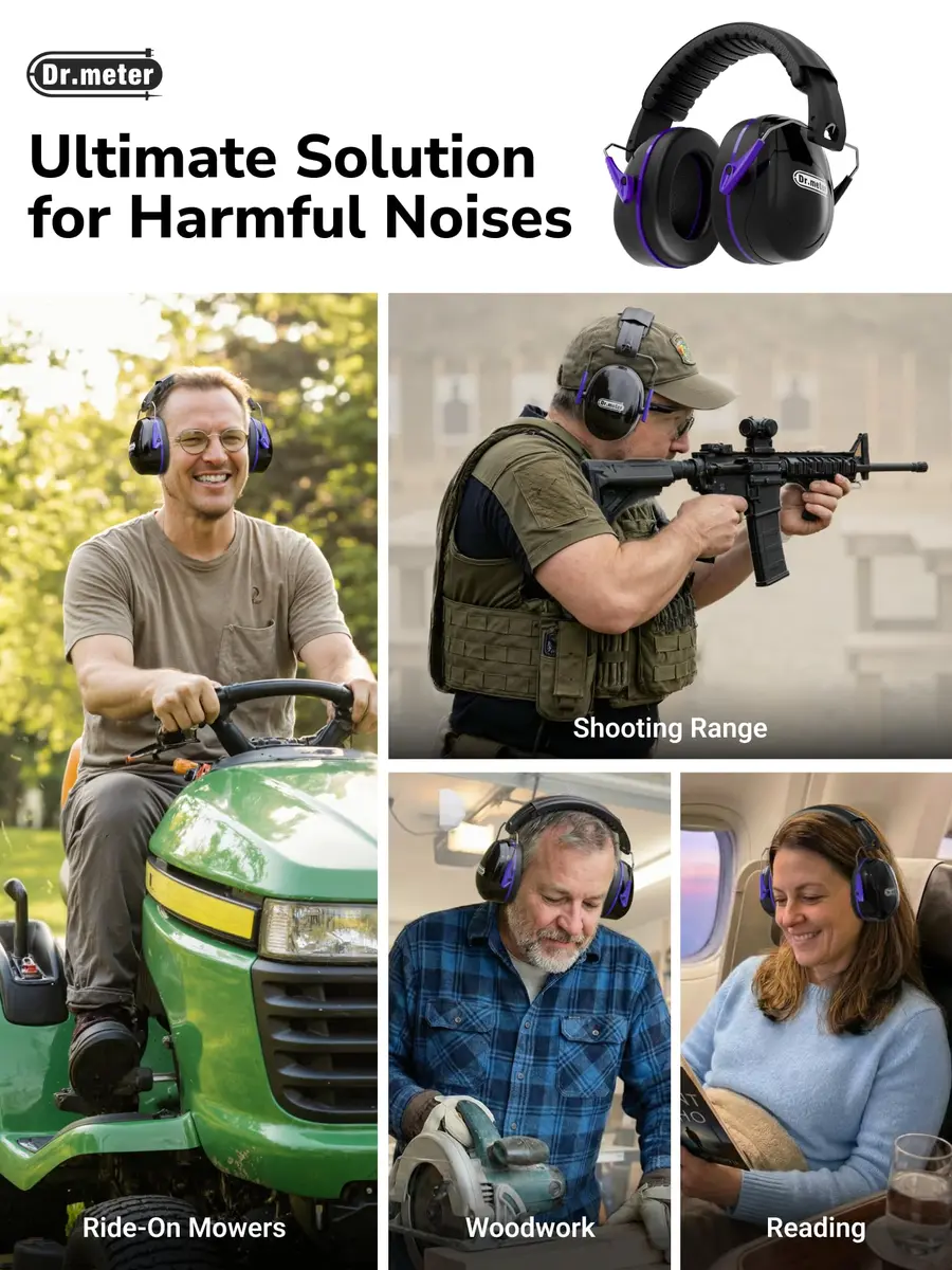 Dr.meter Noise Cancelling Earmuffs for Gun Range, 31dB SNR Hearing Protection, Black Purple - view 6