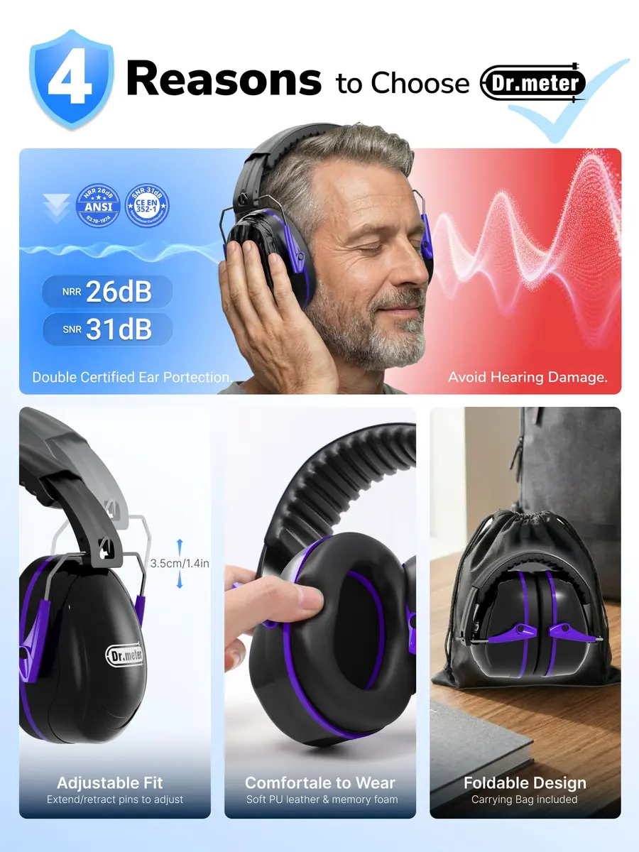 Dr.meter Noise Cancelling Earmuffs for Gun Range, 31dB SNR Hearing Protection, Black Purple - view 7