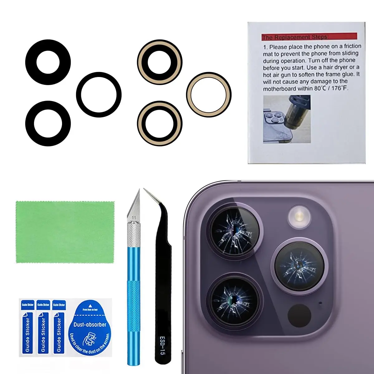 Perzework OEM Back Rear Camera Lens Glass Replacement for iPhone 14 Pro & Max | Sapphire Glass, Complete Kit - main product image