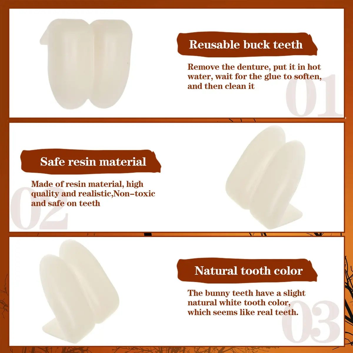 LEIFIDE Fake Buck Teeth Caps 1.7 x 2 cm (0.67 x 0.79 inches) | Realistic White Resin Fangs for Halloween Cosplay - view 5
