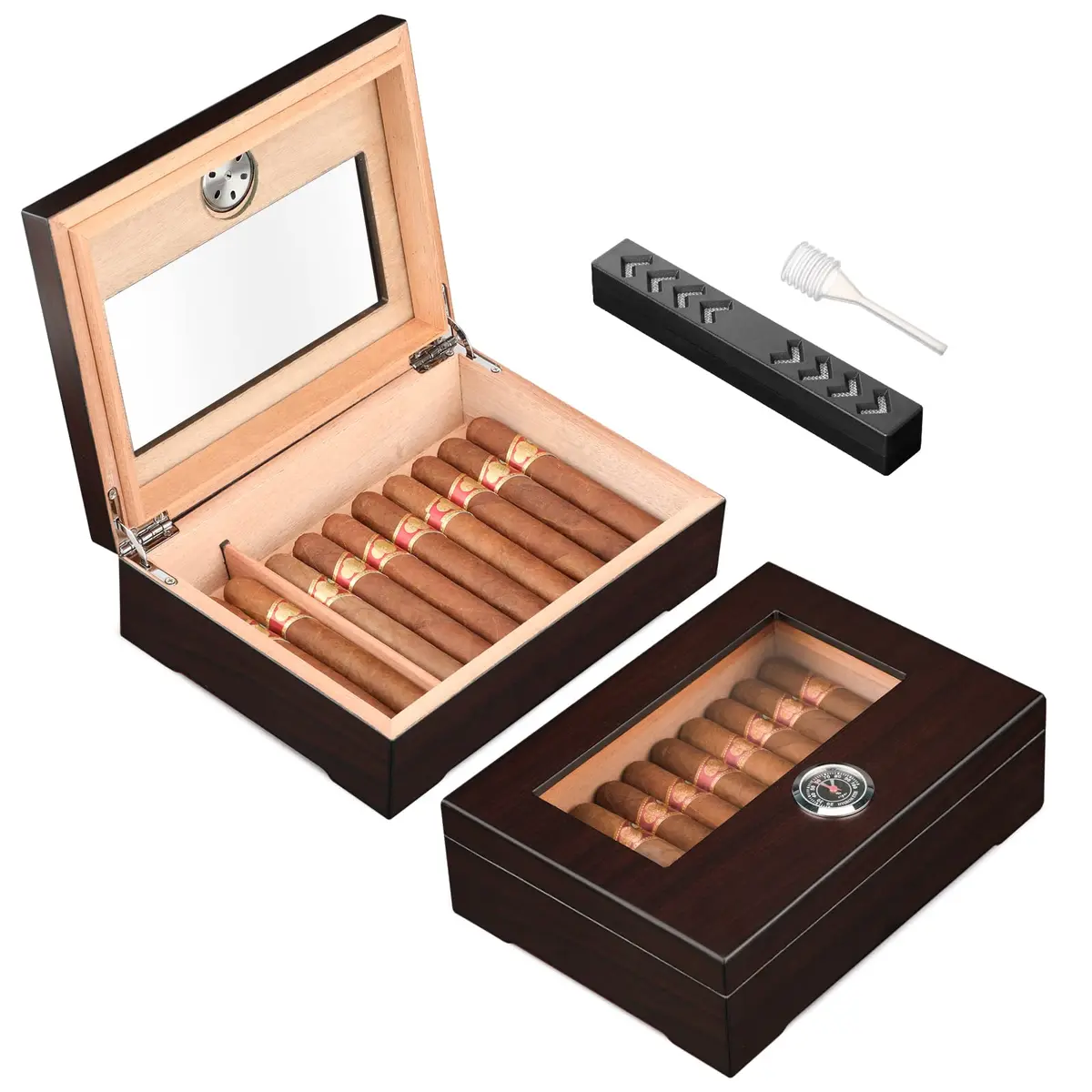 TISFA Cigar Humidor Glass Top Box with Hygrometer Humidifier Divider 25-30 Cigars | Spanish Cedar Wood Lined - main product image
