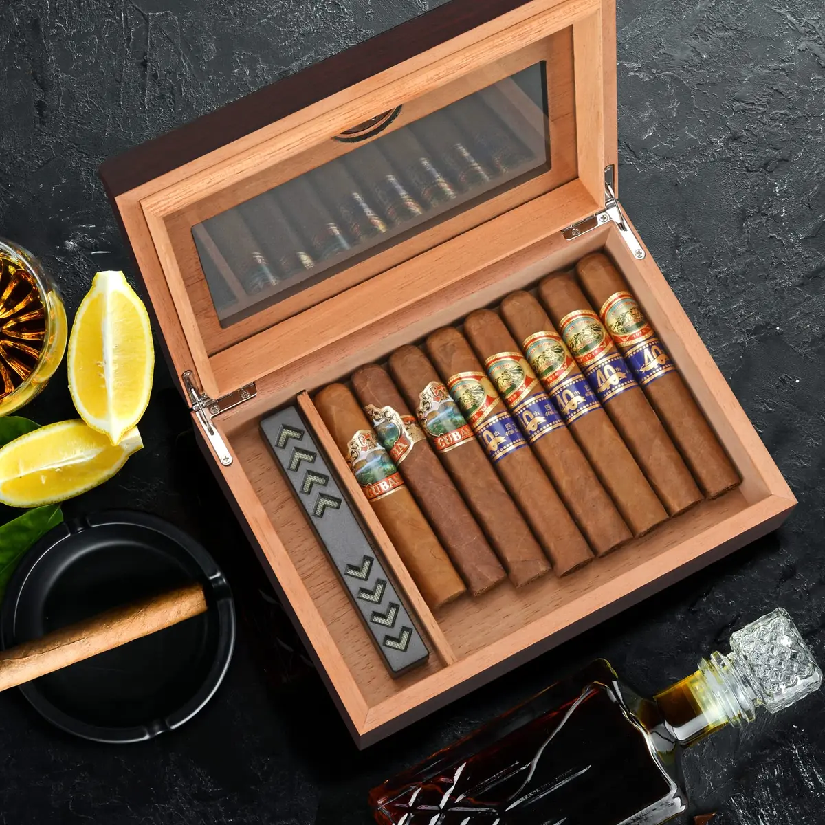 TISFA Cigar Humidor Glass Top Box with Hygrometer Humidifier Divider 25-30 Cigars | Spanish Cedar Wood Lined - view 6