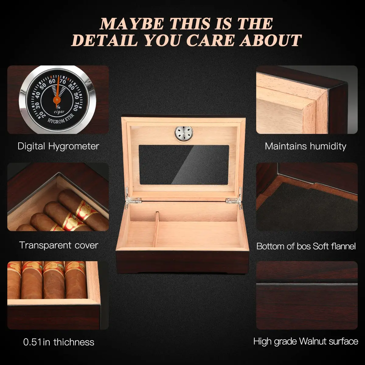 TISFA Cigar Humidor Glass Top Box with Hygrometer Humidifier Divider 25-30 Cigars | Spanish Cedar Wood Lined - view 2