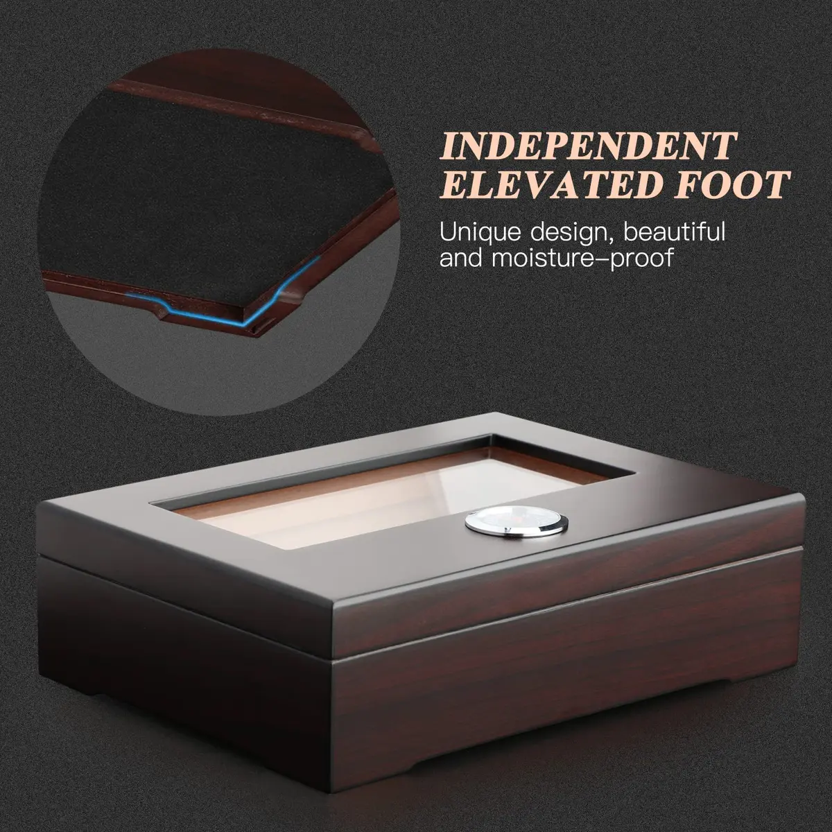 TISFA Cigar Humidor Glass Top Box with Hygrometer Humidifier Divider 25-30 Cigars | Spanish Cedar Wood Lined - view 3
