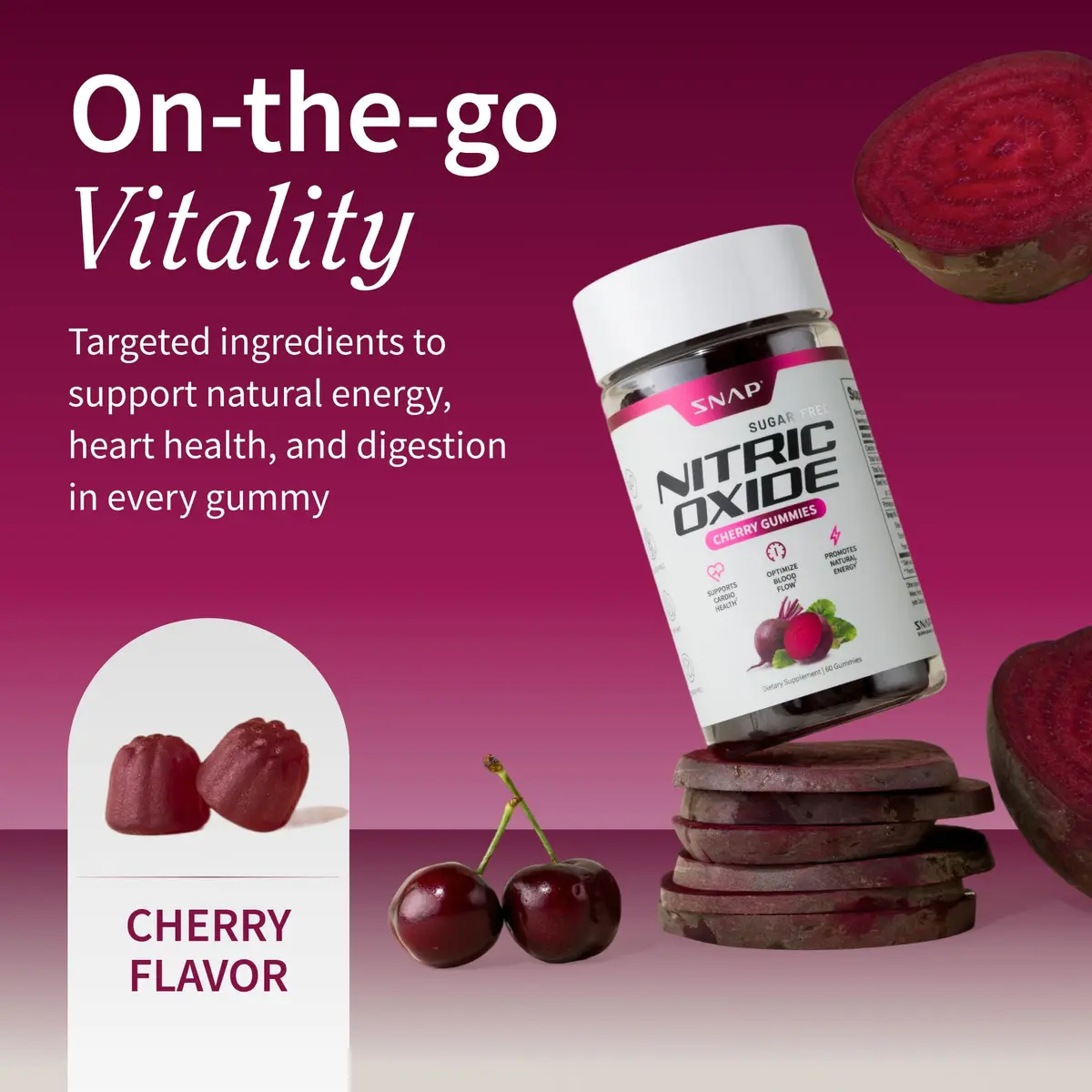 Snap Supplements Nitric Oxide Beet Root Gummies Cherry 60 Count | Support Circulation & Energy - view 2