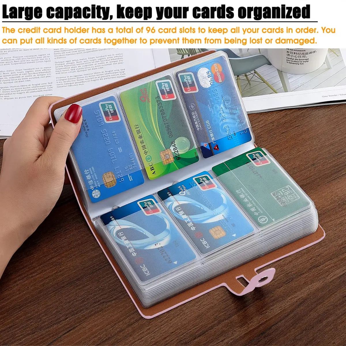 Angimi Leather Business Card Organizer, RFID Blocking, Pink | Holds 96 Cards, Compact & Durable - view 3
