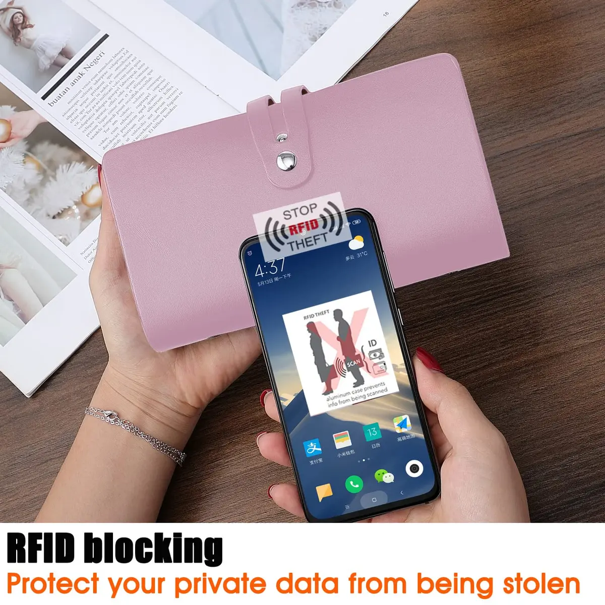 Angimi Leather Business Card Organizer, RFID Blocking, Pink | Holds 96 Cards, Compact & Durable - view 4