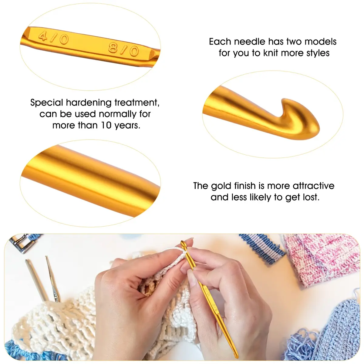 Cobee Crochet Hooks 10 Pcs Double End Aluminum Gold | Ergonomic & Travel-Friendly (70-120 chars) - view 3