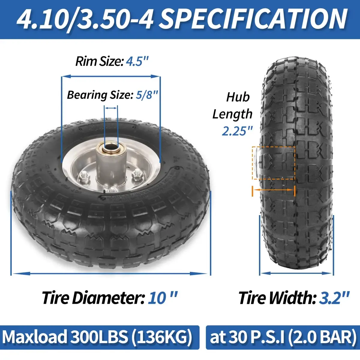 GICOOL 4.10/3.50-4" Pneumatic Tire and Wheel 10" | 2 Pack with 2.25" Offset Hub & 5/8" Axle Bore - view 2