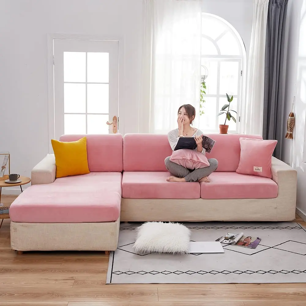 Jonuiony Wear-Resistant Universal Sofa Cover | Stretch Velvet L Shape Couch Protector (Pink) - view 3