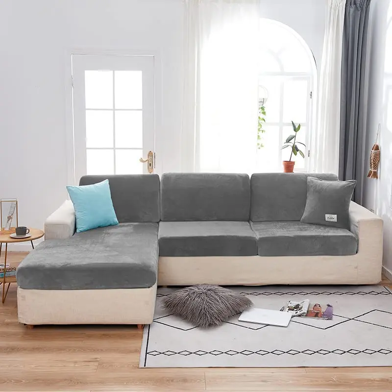 Jonuiony Dark Grey Stretch Velvet Sofa Cover for L-Shape & Sectional Couches | 1 Piece Back Cover - view 2