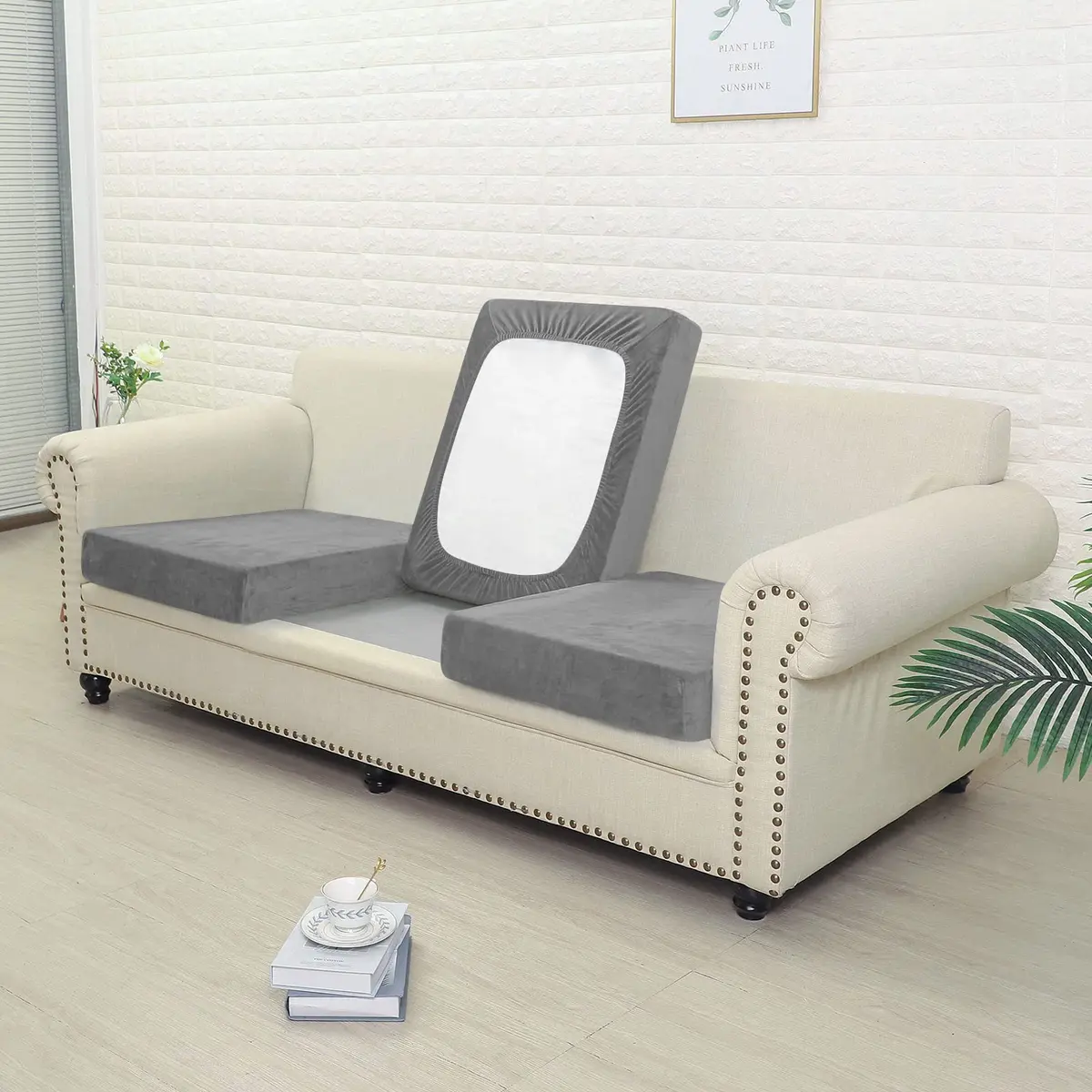 Jonuiony Dark Grey Stretch Velvet Sofa Cover for L-Shape & Sectional Couches | 1 Piece Back Cover - view 3