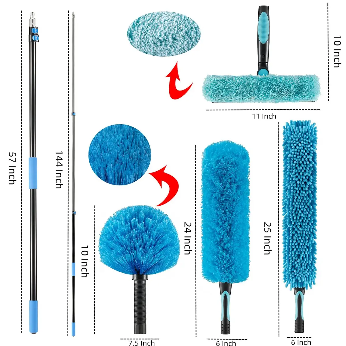 Hicavar 20 Foot High Ceiling Fan, Cobweb Duster with 5-12ft Extension Pole | Extendable, Reusable Feather, Window Cleaning Squeegee Kit - view 2