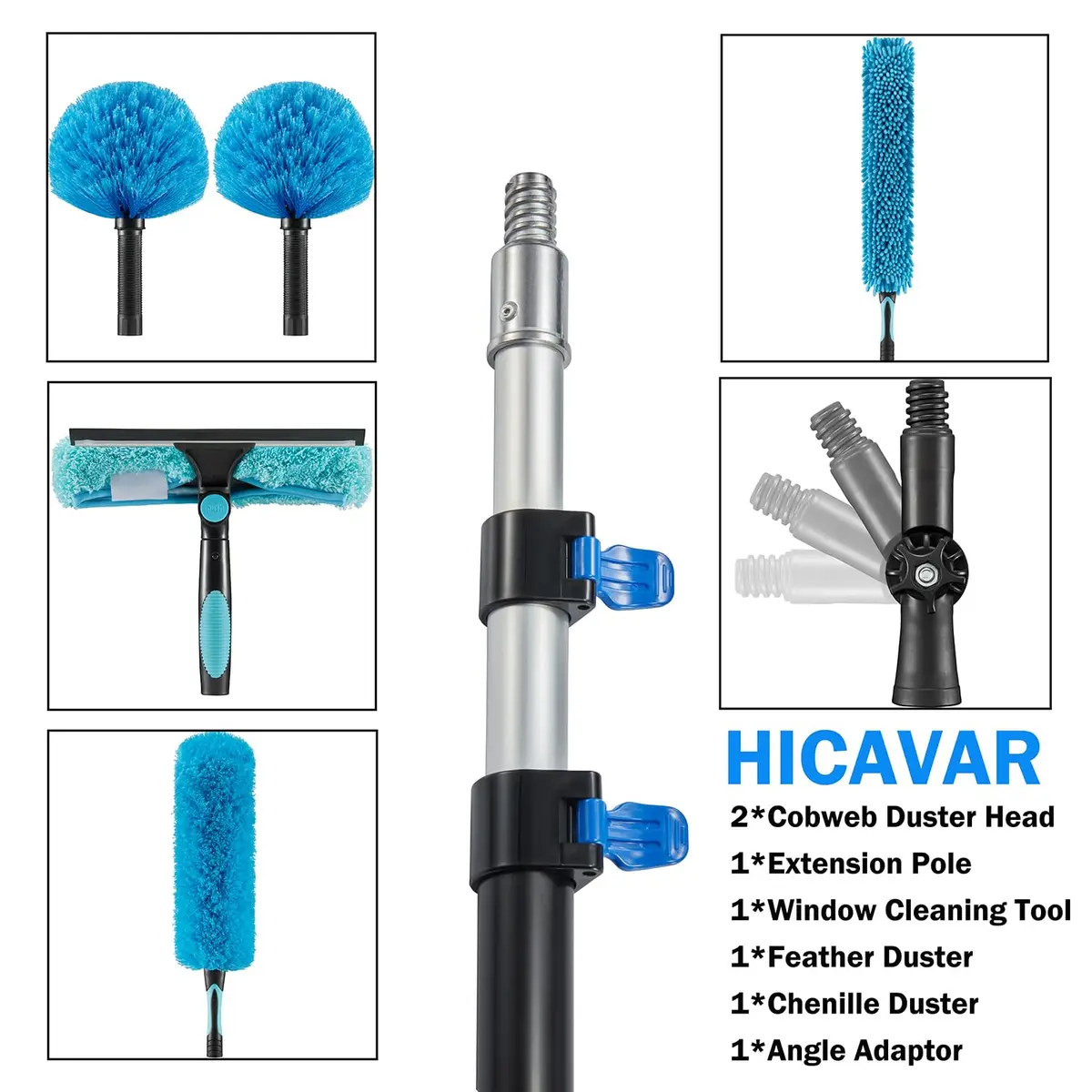 Hicavar 20 Foot High Ceiling Fan, Cobweb Duster with 5-12ft Extension Pole | Extendable, Reusable Feather, Window Cleaning Squeegee Kit - view 3