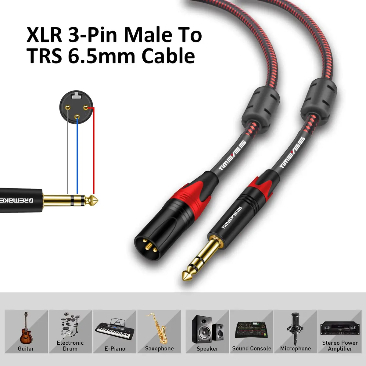 TIMEYES XLR to 6.35mm Jack Cable 1M (3FT) | Balanced Mic Cable with Gold-Plated Connectors - view 6