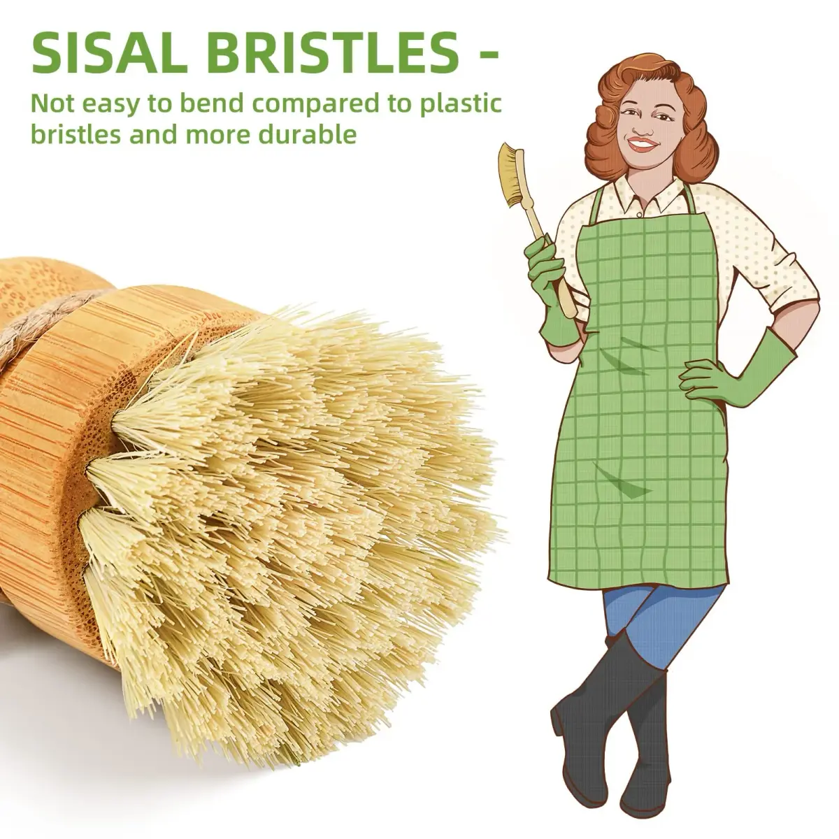 SUBEKYU Bamboo Dish Scrub Brush 1 Pack | Natural Sisal Bristles for Kitchen Pots & Pans - view 2