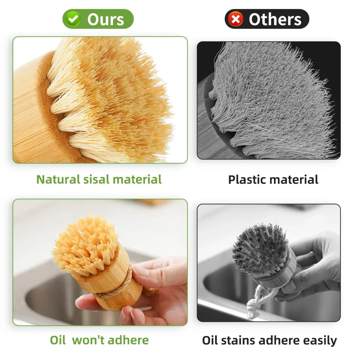 SUBEKYU Bamboo Dish Scrub Brush 1 Pack | Natural Sisal Bristles for Kitchen Pots & Pans - view 3