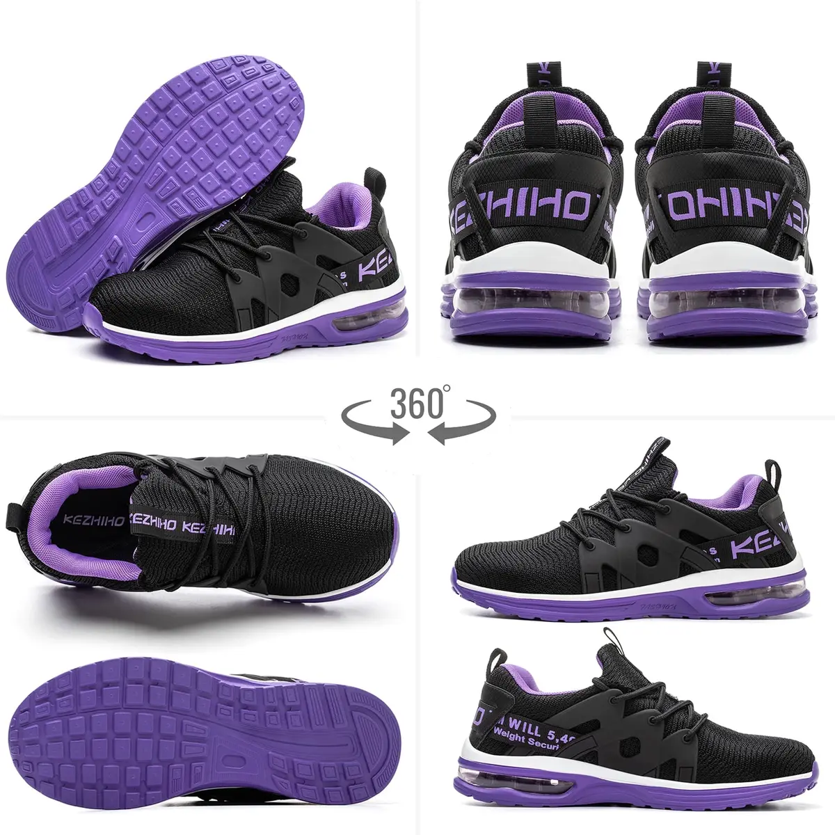 Kezhiho Women's Steel Toe Work Shoes, Air Cushion, Breathable Mesh, Size 7, Black Purple - view 5