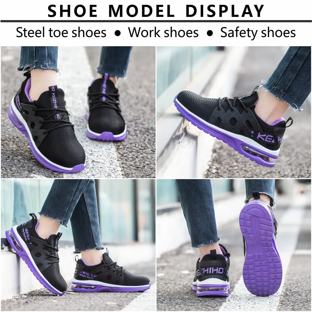 Kezhiho Women's Steel Toe Work Shoes, Air Cushion, Breathable Mesh, Size 7, Black Purple - view 6