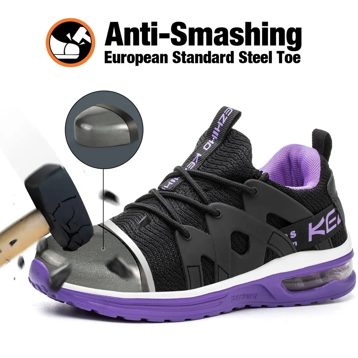 Kezhiho Women's Steel Toe Work Shoes, Air Cushion, Breathable Mesh, Size 7, Black Purple - view 2
