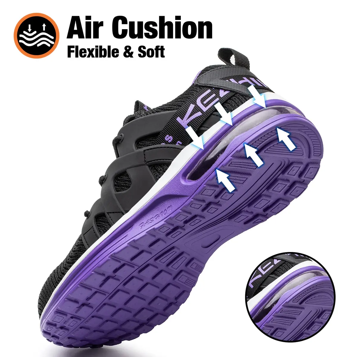 Kezhiho Women's Steel Toe Work Shoes, Air Cushion, Breathable Mesh, Size 7, Black Purple - view 3