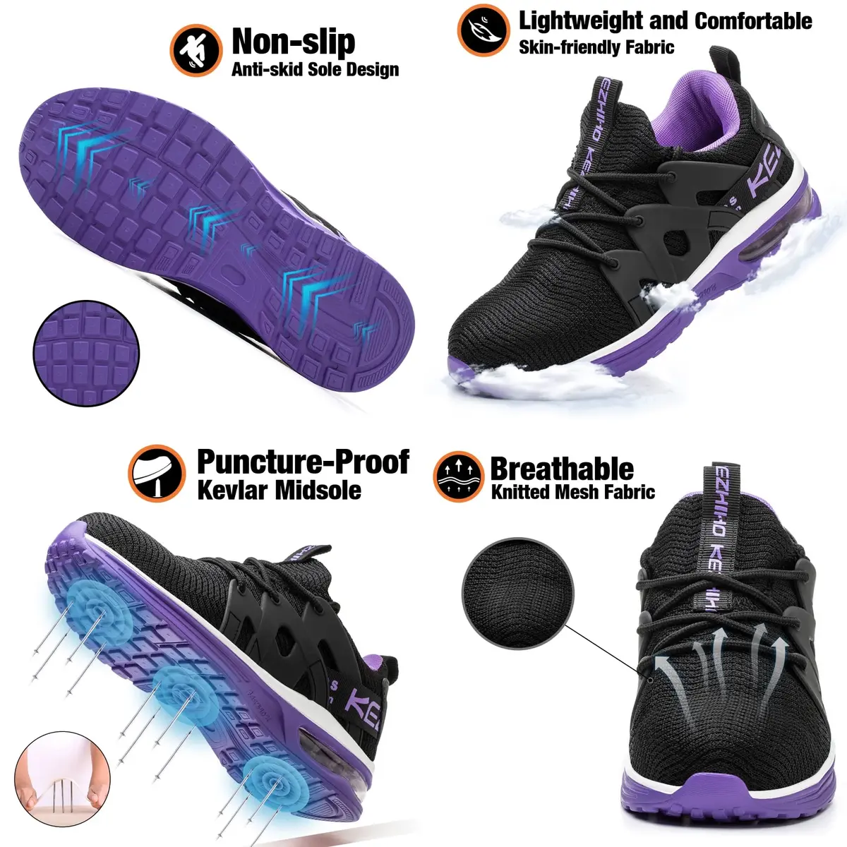 Kezhiho Women's Steel Toe Work Shoes, Air Cushion, Breathable Mesh, Size 7, Black Purple - view 4