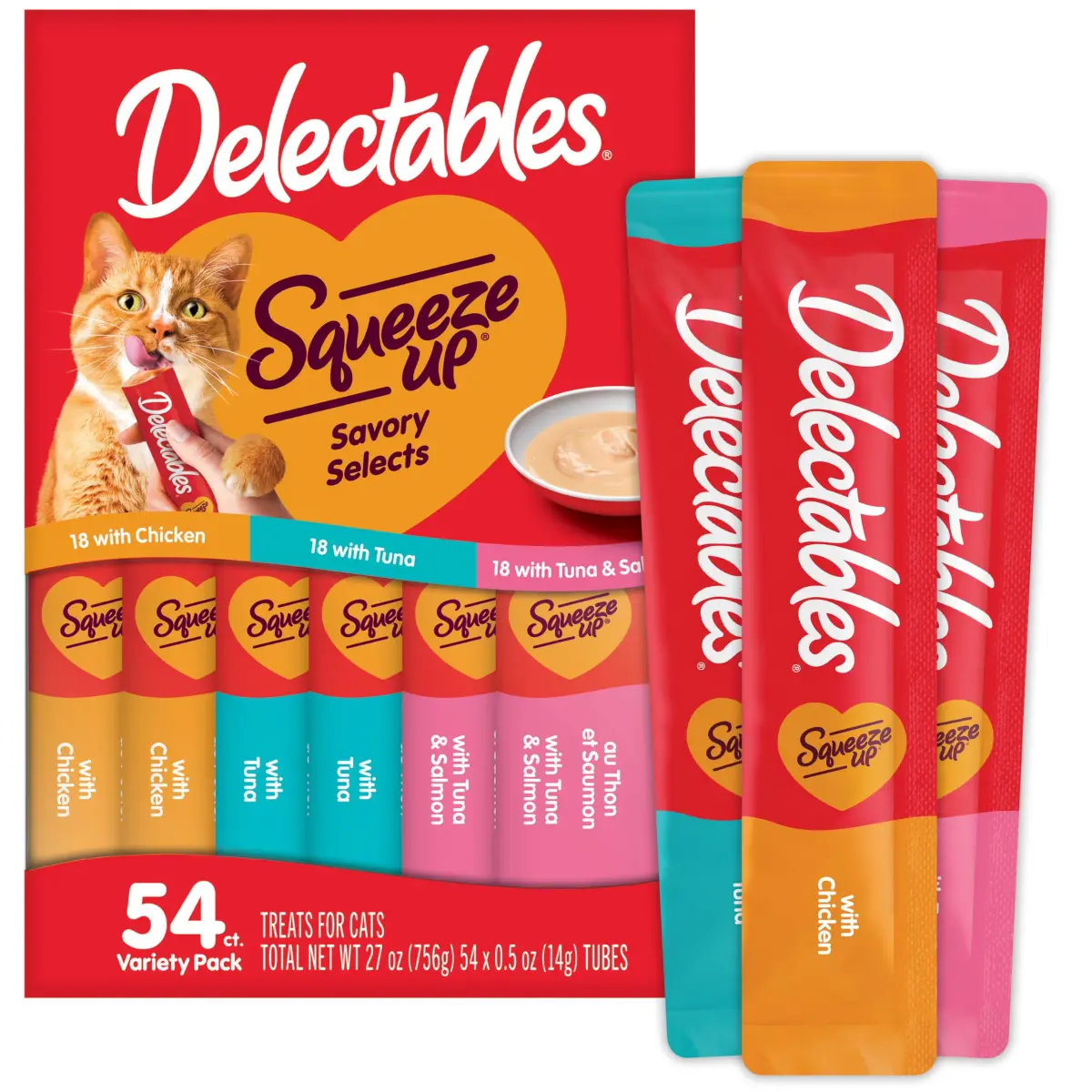 Delectables Squeeze Up Variety Pack Cat Treats 54 Tubes (27 oz / 765 g) | Interactive Lickable Puree for Bonding - main product image