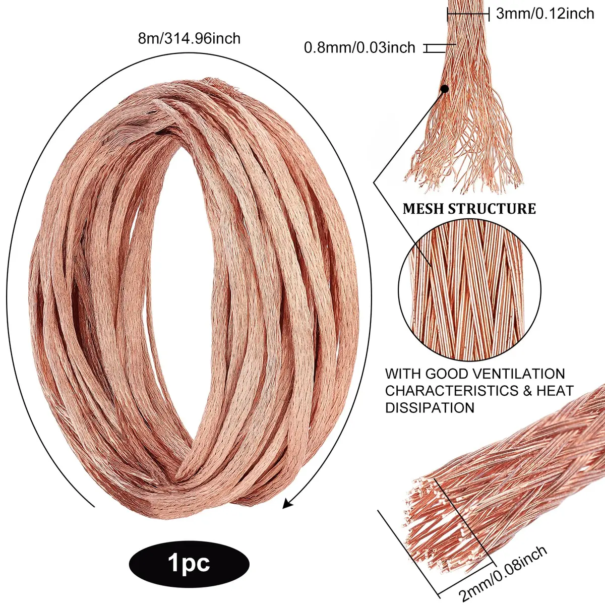 BENECREAT 3mm Flat Copper Braided Ground Strap 8m (26ft) | 1.5mm² Conductor for Noise Reduction - view 2