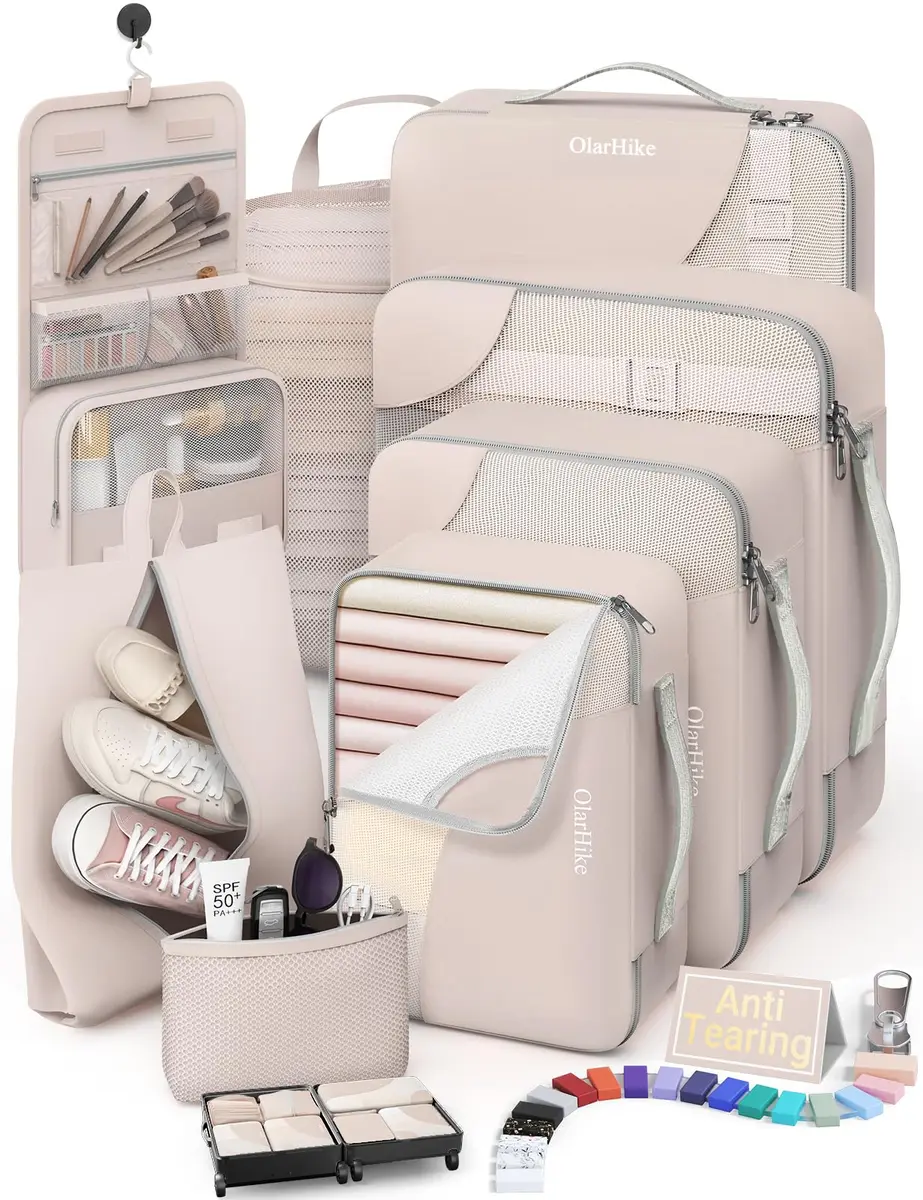 OlarHike 8 Set Packing Cubes for Travel | Durable Suitcase Organizer with Shoe & Toiletry Bag (8 Pack, Cream) - main product image