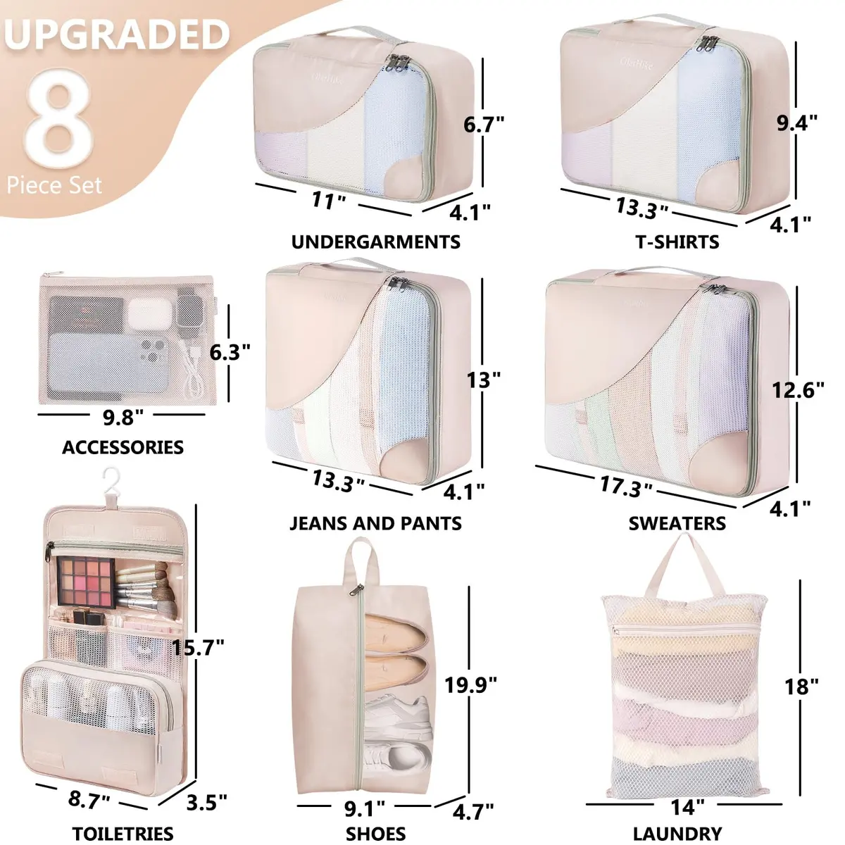 OlarHike 8 Set Packing Cubes for Travel | Durable Suitcase Organizer with Shoe & Toiletry Bag (8 Pack, Cream) - view 2