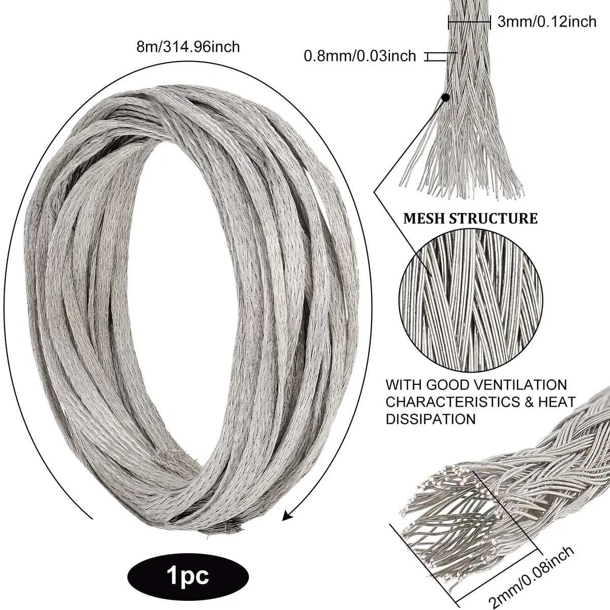 BENECREAT Braided Tinned Copper Wire 3mm Wide, 0.8mm Thick, 26Ft (8m) | Flat Flexible Grounding Lead Wire for Noise Reduction - view 2
