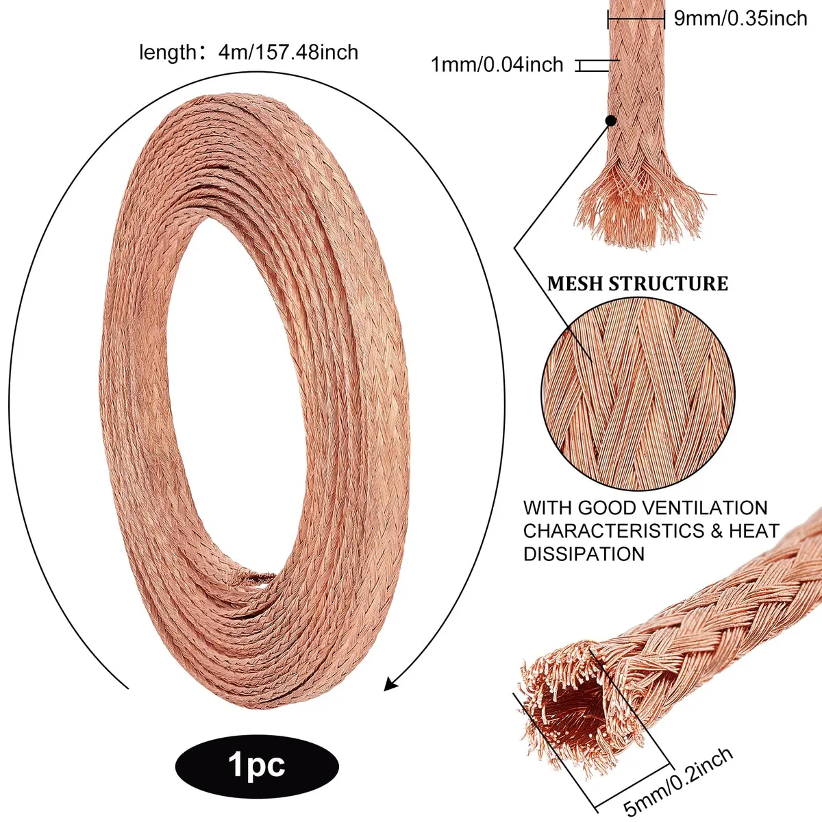 BENECREAT Flat Braided Pure Copper Wire 4m (13Ft) | 9mm Wide, 1mm Thick, 4mm² Cross-Section for Grounding & Noise Reduction - view 2