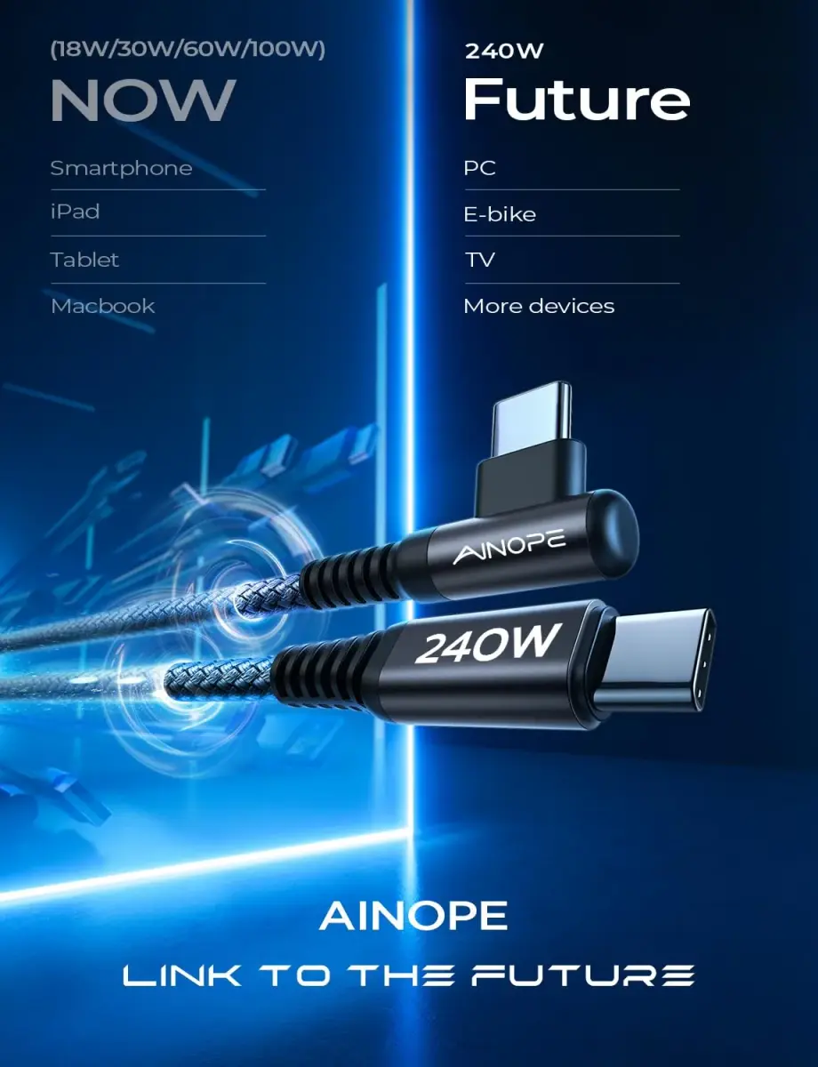 AINOPE 240W USB C to USB C Cable 2.0m (6.6ft) 2-Pack | Right Angle Fast Charging Cord for iPhone 16, MacBook Pro, Samsung - view 6