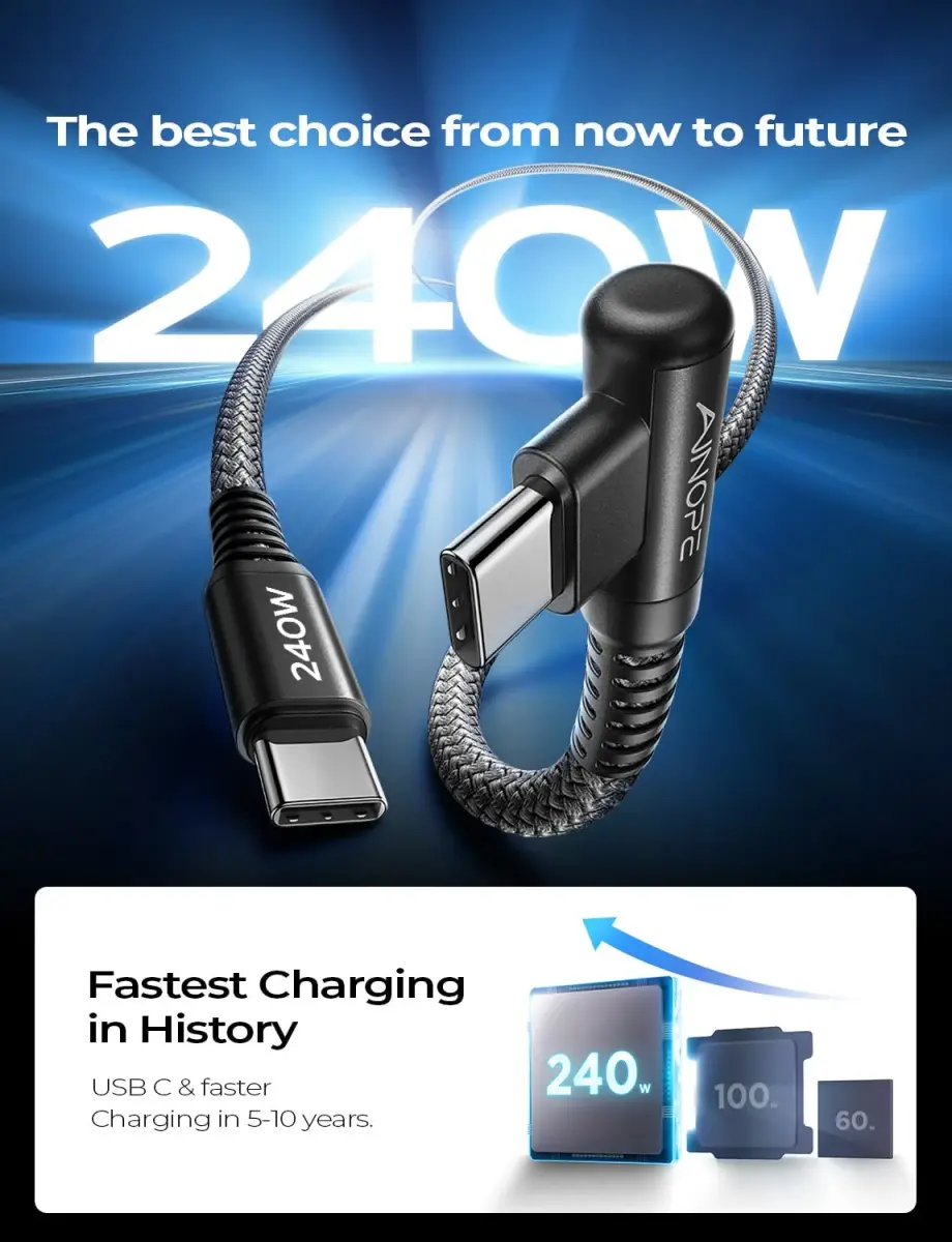 AINOPE 240W USB C to USB C Cable 2.0m (6.6ft) 2-Pack | Right Angle Fast Charging Cord for iPhone 16, MacBook Pro, Samsung - view 2