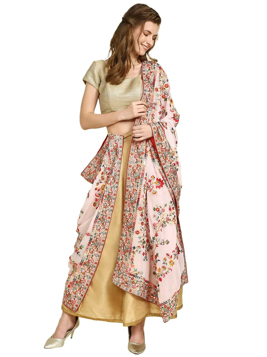 DUPATTA BAZAAR Women's Georgette Dupatta with Heavy Embroidery | Peach & Multi, 2.5m - view 5