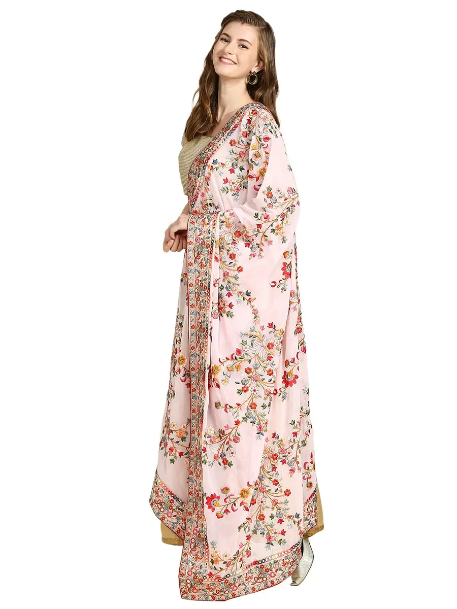 DUPATTA BAZAAR Women's Georgette Dupatta with Heavy Embroidery | Peach & Multi, 2.5m - view 2