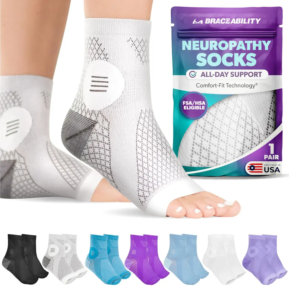 BraceAbility Neuropathy Socks Medium - Gray | FDA Approved Medical Compression for Nerve Pain - main product image