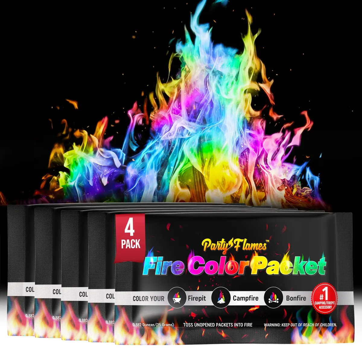 Party Flames Magic Campfire Fire Color Changing Packets 4 Pack | Rainbow Colored Flames for Fire Pit - main product image
