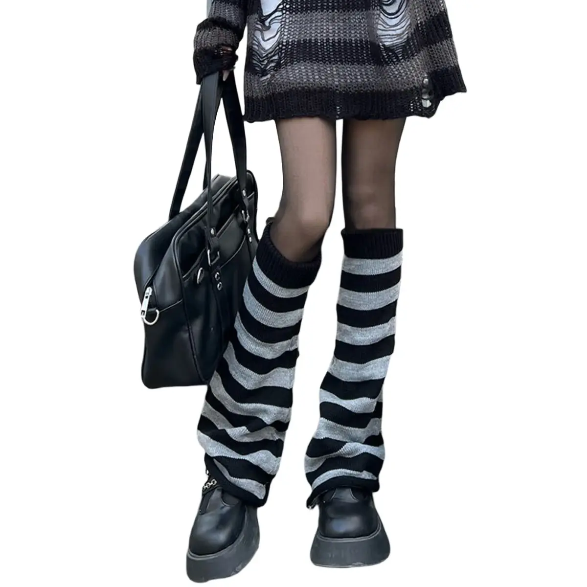 Fernvia Women's Lolita Knit Long Socks Leg Warmers Black Grey | Warm Acrylic Winter Boot Socks - main product image