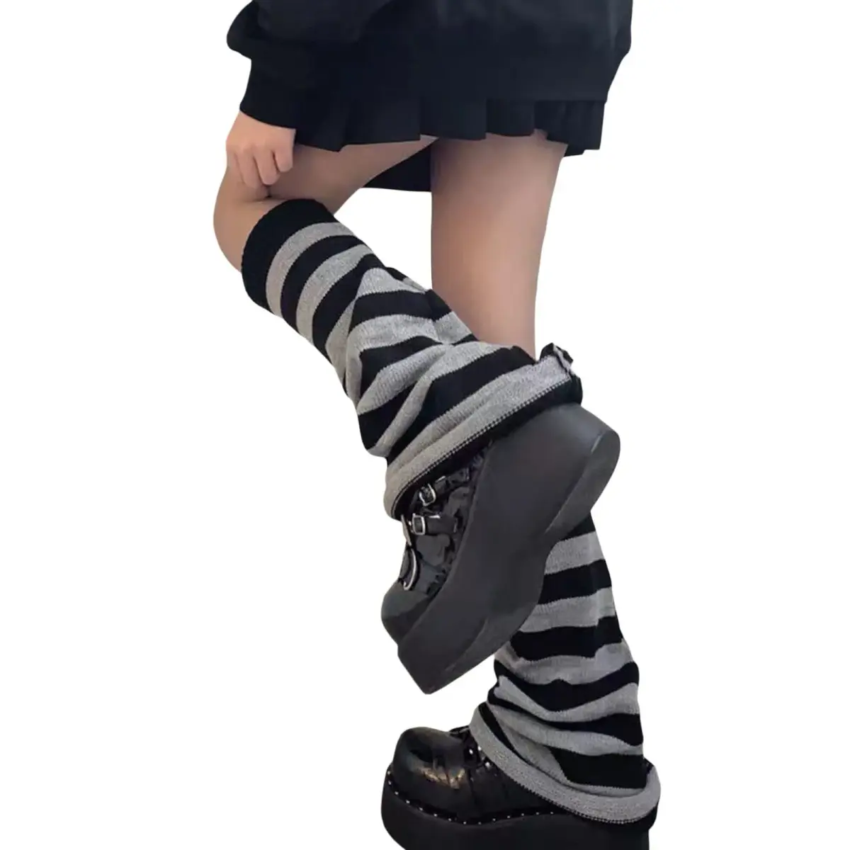 Fernvia Women's Lolita Knit Long Socks Leg Warmers Black Grey | Warm Acrylic Winter Boot Socks - view 5