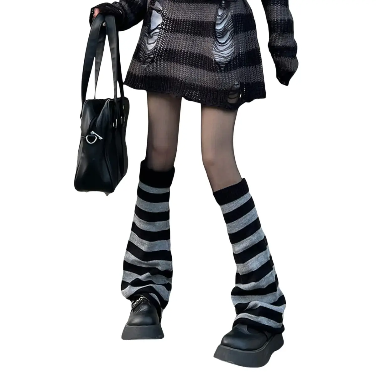 Fernvia Women's Lolita Knit Long Socks Leg Warmers Black Grey | Warm Acrylic Winter Boot Socks - view 2