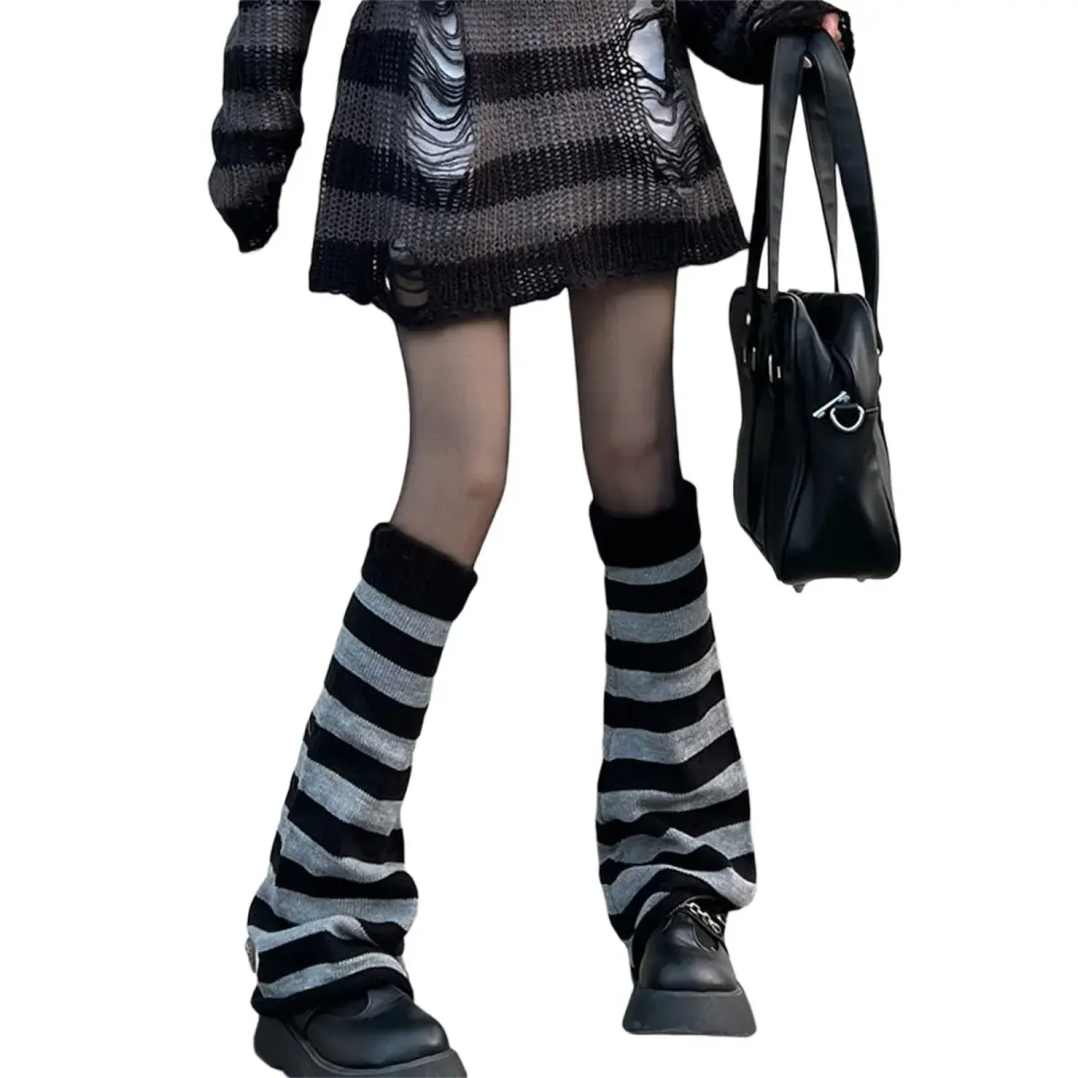 Fernvia Women's Lolita Knit Long Socks Leg Warmers Black Grey | Warm Acrylic Winter Boot Socks - view 3